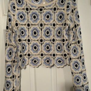 Hem & Thread Cream and Blue Crochet Top